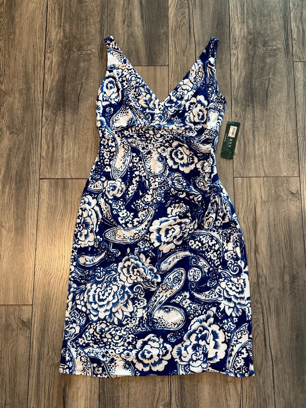 Lauren Ralph Lauren Blue Cream Paisley Ruched Dress Size 10 NWT